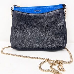 Furla Bag Shoulder Clutch Purse Black Blue Gold zip removable gold tone strap